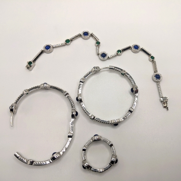 Blue/ Green Gemstone Hoop Earrings, Tennis Bracelet  Ring Matching set S. Silver - Picture 5 of 15